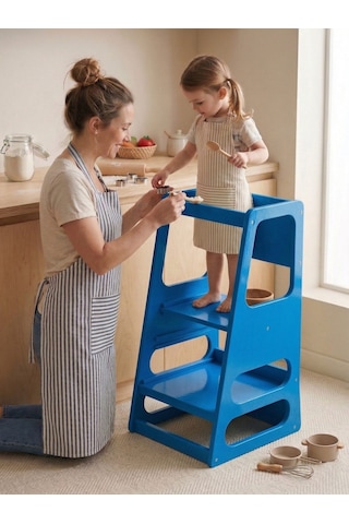 Kaidan Cobalt Blue Renk Çocuk Öğrenme Kulesi-etkinlik Kulesi Ayarlanabilir Basamaklı Doğal Mdf