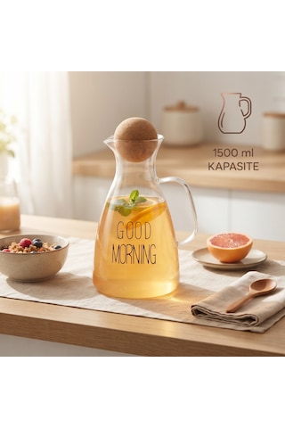 Zvnm Yuvarlak Mantar Kapaklı Sürahi - 1500 Ml - Yüksek Kaliteli Cam Zcv12