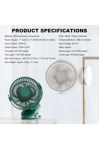 Springsun Klipsli & Masaüstü Fan 4000mah Usb Şarj 720 Döner, 4 Hız Seviyesi Sessiz Ev/ofis/yurt Beyaz