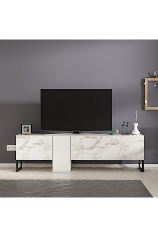 T0016 Kapaklı, Metal Ayaklı, Tv Sehpası, Tv Ünitesi - Beyaz/beyaz Mermer Beyaz/beyaz Mermer