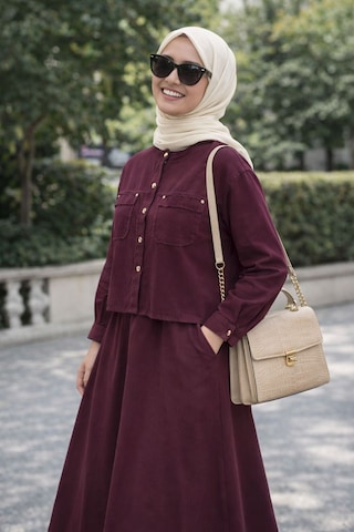 Esra Butik78 Gabardin Kumaş Gizli Cepli İkili Takım Uzun Etekli Tesettür Şık Rahat Kombin Bordo