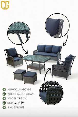 Hera Raddan 3+1+1 Puflu Oturma Grubu Balkon Teras Bahçe Mobilyası 7 Kişilik El Örgüsü Raddan Takım Antrasit