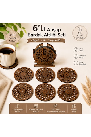 6'lı Mdf Ceviz Desenli Bardak Altlığı
