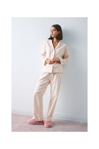 Defacto Regular Fit Uzun Kollu Çizgili 2li Flanel Pijama Takım H4616ax26auer105 Ekru-er105