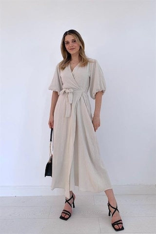 Elbee Fashion Woman Kuşaklı Müslin Elbise - Bej-7108