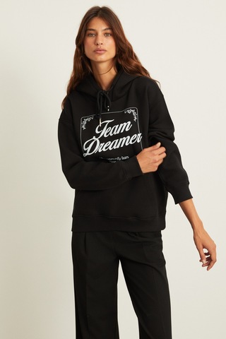 Grimelange Sabine Kadın Baskı Detaylı İçi Polarlı Kapüşonlu Kanguru Cepli Relaxed Fit Siyah Sweatshirt