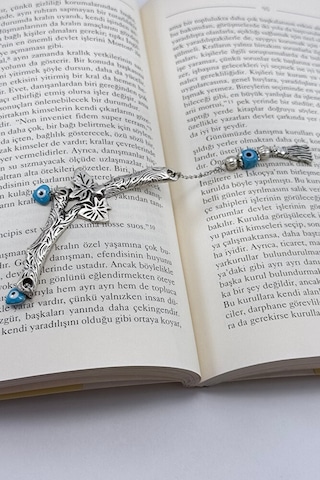 El Yapımı Cam Nazar Boncuğu Metal Yapraklı Dal Kitap Ayracı, Hedi