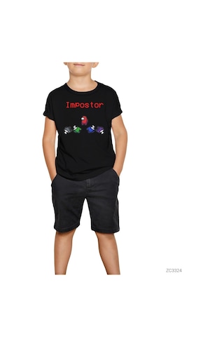 Among Us Impostor Siyah Çocuk Tişört Siyah