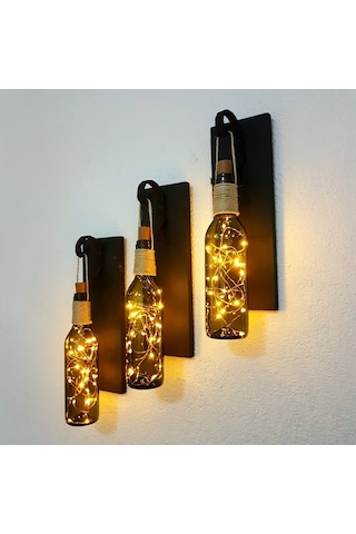 Retro Yeşil Şişeli Led Işıklı, Mat Siyah Aplik, 3 Lü Set