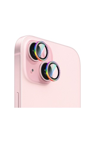 Apple iPhone 15 Uyumlu Caseworld Alloy Sparkling Diamond Serisi Taşlı Lens Koruyucu Colorful
