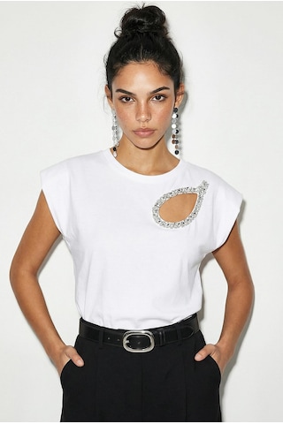 Shade Kadın Taş İşlemeli Vatkalı Omuz Detaylı Pamuk T-shirt 1075 60286066 - Beyaz L
