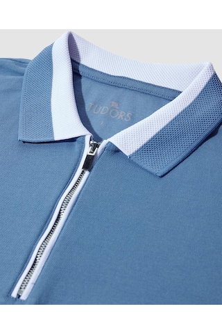 Tudors Erkek Slim Fit Dar Kesim %100 Pamuk Düz Pike Fermuarlı Mavi Polo Yaka Tişört-31112-mavi Mavi