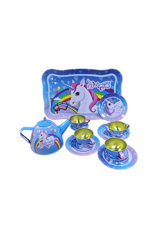 Oyuncak Metal Çay Evcilik Ve Mutfak Seti 15 Parça Çay Bardak Tepsi Çaydanlık Tabak 24 Cm.