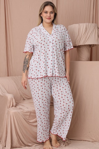 Wordex Mirano 1850 Çilekli Pointel İnce Kumaş Düğmeli Kısa Kollu Büyük Beden Kadın Pijama Takımı Gri