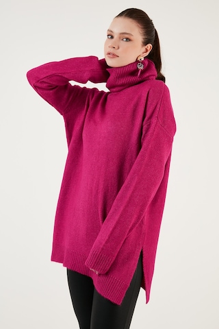 Lela Regular Fit Yanları Yırtmaçlı Boğazlı Yaka Uzun Triko Bayan Kazak 4616141Y Fuşya