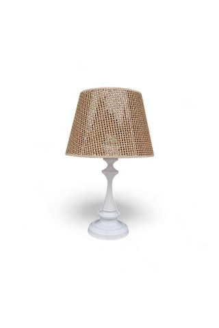 Faro Metal Abajur Beyaz Statik Boyalı Kahverengi Rattan Şapkalı Beyaz