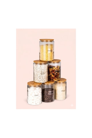 6 Lı Etiketli Cam Kavanoz Seti Büyük Bambu Vakum Kapak Çizgili Erzak Un Bakliyat Saklama Kabı 1,5l Şeffaf