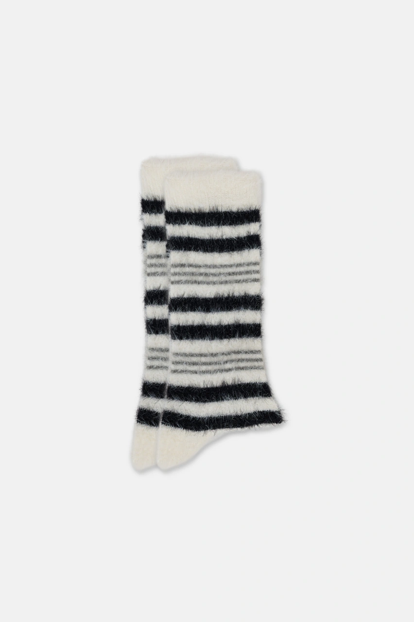 Suwen Fluffy Stripe Soket Çorap Sc1520249 Ekru / Siyah