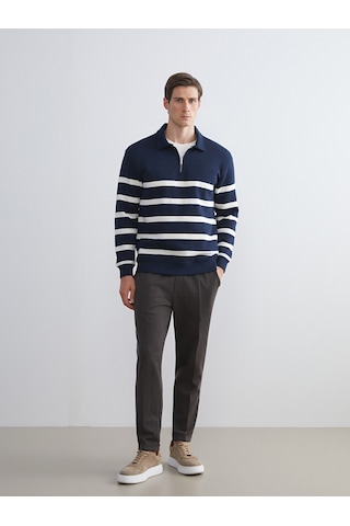 Lcw Vision Lacivert Polo Yaka Uzun Kollu Çizgili Erkek Sweatshirt