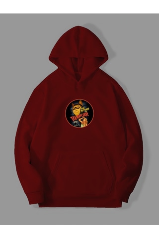 Harmandar Üç İplik Vampurr Baskılı Unisex Kırmızı Kanguru Cepli Kapüşonlu Sweatshirt Hoodie Vampurkirmizisweat
