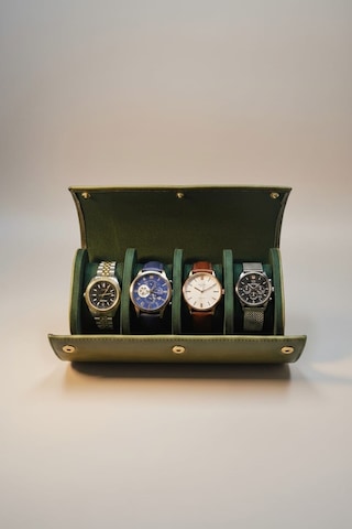 4 Lü Deri Saat Kutusu Silindir Tasarım Taşınabilir Saat Saklama Organizer 24x11x7 Cm Haki