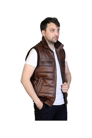 Asyaclub Max Hakiki Deri Erkek Taba Trikolu Şişme Yelek Kahverengi