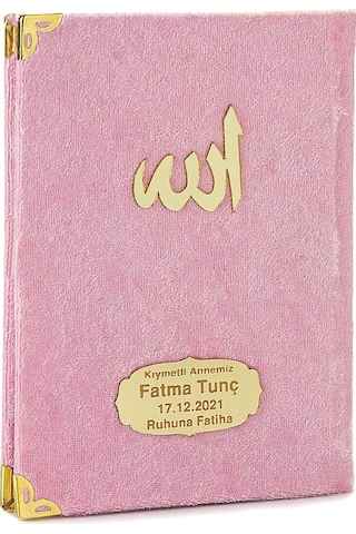 20 Adet Kadife Kaplı Yasin Kitabı - Çanta Boy - İsme Özel Plakalı - Tesbihli - Keseli - Pembe Renk - Mevlüt Hediyeliği - 80 Sayfa