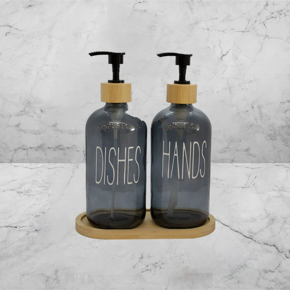 2 Li Füme Mutfak Sıvı Sabunluk Seti Hands&dishes Bambu Tepsili Gri