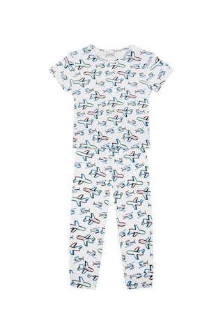 Antebies Organik Beyaz Uçak Desenli Beli Lastikli Kısa Kollu Erkek Çocuk Pijama Takımı Mavi