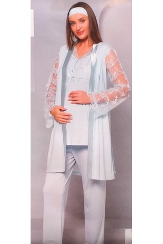 Flz Pijama 3'lü Dantelli Lohusa Pijama Takımı Mavi