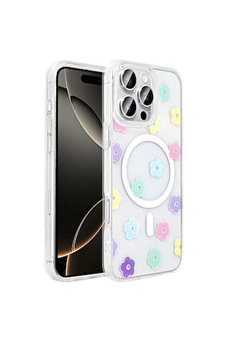 Techaks Apple Uyumlu iPhone 16 Pro Max Kılıf M-safe Şarj Özellikli Şeffaf Zore Folk Sert Kapak - Papatya Beyaz