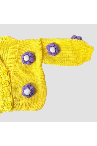 Uretti - Gülnur 2184 - El Örgüsü Mor Çiçekli Kız Çocuk Hırka 5 Yaş - Sarı Sarı