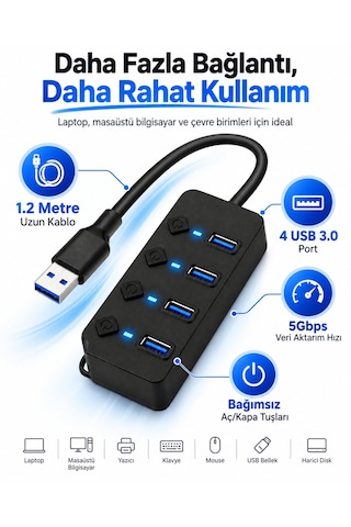 4 Port Usb 3.0 Hub 1.2 Metre Kablolu, Bağımsız Aç/kapa Tuşlu, Adaptör Destekli
