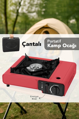 Portatif Kamp Ocağı - Taşıma Çantalı Gazlı Stop Emniyetli Ocak 34x28x11 Cm Kırmızı Kırmızı