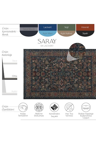 Cool Halı Saray Lacivert Vintage Etnik Çiçek Motifli Soft Çerçeveli Bohem Oturma Odası Salon Halısı