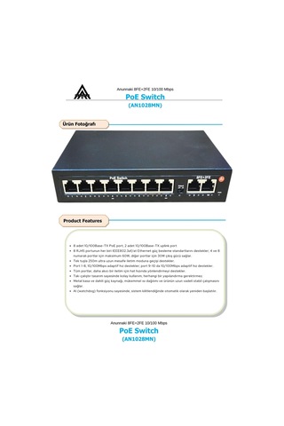 Anunnaki An1028mn 8 Port Poe Switch 120w 2 Uplink 250m Extend Ip Kamera Uyumlu Aı Watchdog
