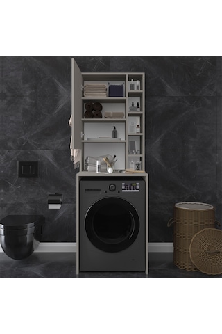 Asra Trend Çamaşır Makinesi Üstü Banyo Dolabı BD-02 %100 MDF Kapaklı Organizer Raf Kül Gri