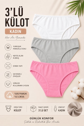 Nicoletta Kadın Külot 3 Lü Paket Likralı Pamuklu Pembe