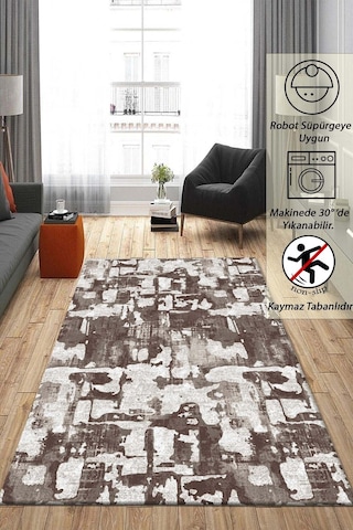 Raschel Carpet Geometrik Desenli Kahverengi Kaymaz Taban Kalın Peluş Halı - Yolluk Krem