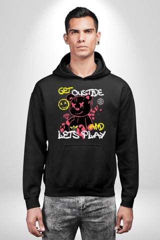 Dışarı Çık Ve Oynayalım Teddy Kadın Erkek Siyah Kapüşonlu Sweatshirt Hoodie Siyah