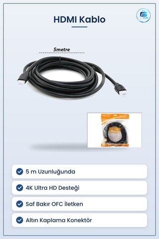 Hdmı Kablo 5 M V1.4 Ultra Hd 4k Saf Bakır Ofc Altın Kaplama Telev