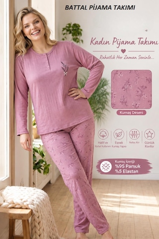 Boyraz Lindros Kadın Düğme Yaka Raporlu İnterlok Kışlık Battal Pijama Takımı 02742 - 1 Adet Gülkurusu