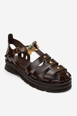 Luvishoes Solıs Kahverengi Hakiki Deri Boncuklu Kadın Sandalet