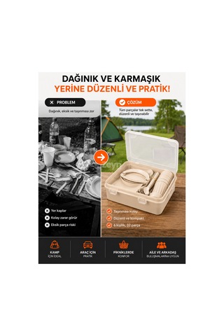 6 Kişilik Piknik Seti 32 Parça Kilitli Taşıma Kutulu Kamp Seyahat Servis Seti Krem Bej
