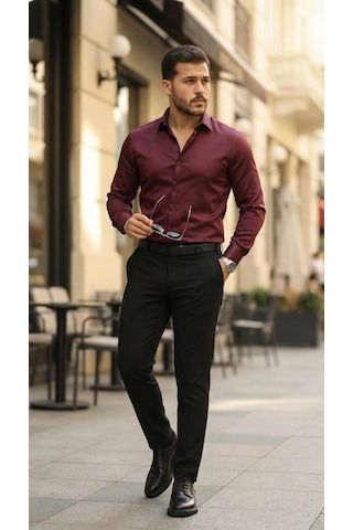 Valensdesign Erkek Saten Klasik Gömlek Bordo
