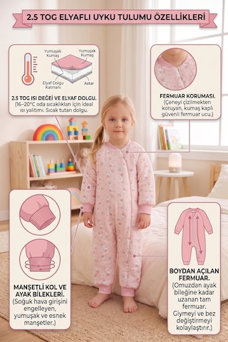 Babymod Tavşan Desenli 2,5 Tog Elyaf Dolgulu Premium Kalite 100% Pamuk Penye Astarlı Çocuk Uyku Tulumu Pembe