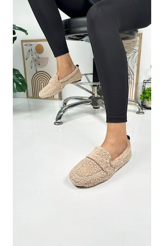 Günlük Kadın Loafer Peluş Astarlı Oval Burunlu Alçak Desenli Tabanlı Ayakkabı 375 VIZON