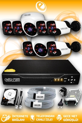 Elitcam 8 Kameralı Panda 2 İç Kamera Set 500 GB HDD Full HD Gece Görüşlü Güvenlik Kamerası Sistemi