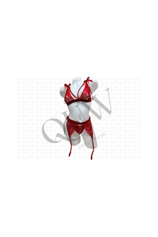 Kırmızı Dantelli Jartiyer Takım - Quw60-1008-03