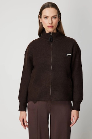 On Fashion Kadın Beli Lastikli Dik Yaka Fermuarlı Kahverengi Hırka 60937 Kahve